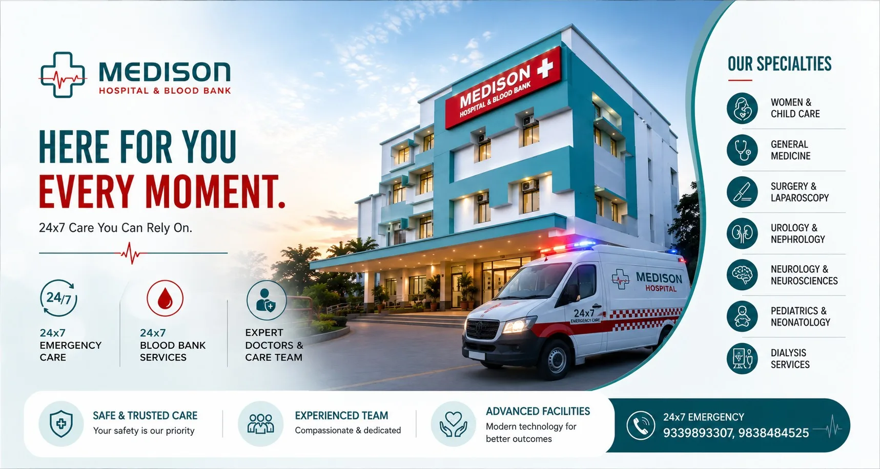 Medison Hospital & Blood Bank — here for you, every moment. 24×7 emergency care, blood bank services and expert doctors in Lucknow.